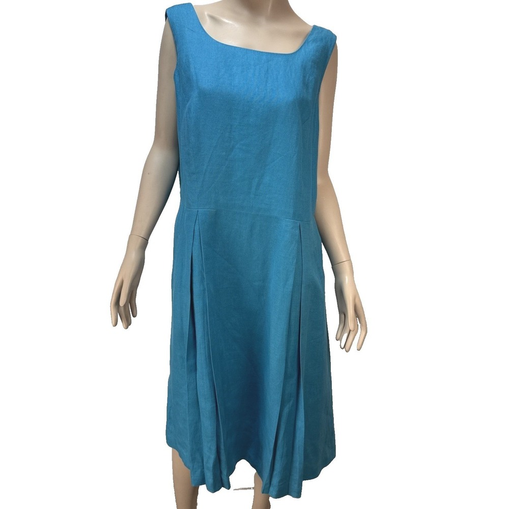 Talbots Turquoise Irish Linen Midi Dress Size 18W Sleeveless Square Neck Pockets